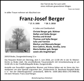 Traueranzeige von Franz-Josef Berger von Nordwest-Zeitung