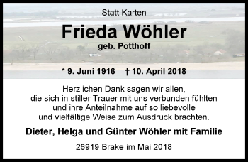 Traueranzeige von Frieda Wöhler von Nordwest-Zeitung
