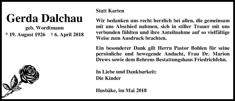  Traueranzeige für Gerda Dalchau vom 19.05.2018 aus Nordwest-Zeitung
