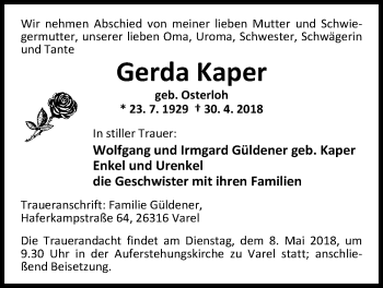 Traueranzeige von Gerda Kaper von Nordwest-Zeitung