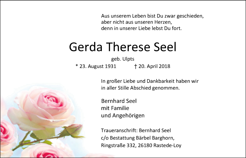  Traueranzeige für Gerda Seel vom 02.05.2018 aus Nordwest-Zeitung