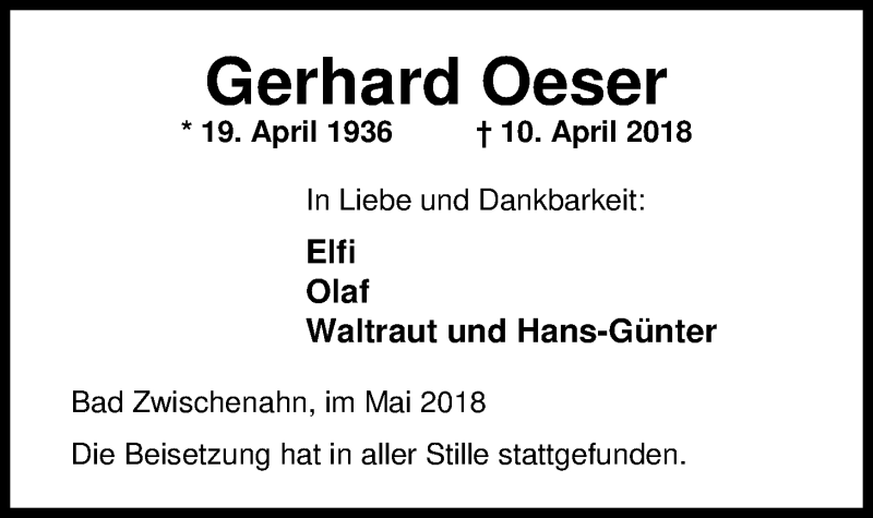  Traueranzeige für Gerhard Oeser vom 05.05.2018 aus Nordwest-Zeitung