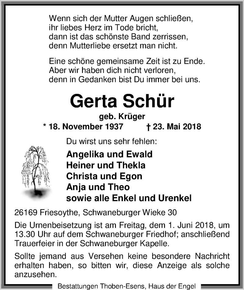 Traueranzeige für Gerta Schür vom 29.05.2018 aus Nordwest-Zeitung