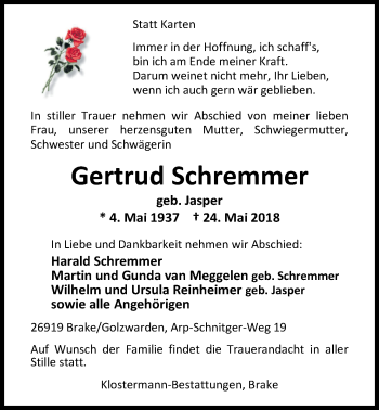 Traueranzeige von Gertrud Schremmer von Nordwest-Zeitung