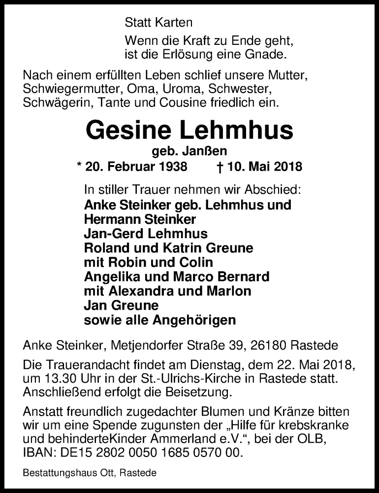  Traueranzeige für Gesine Lehmhus vom 17.05.2018 aus Nordwest-Zeitung