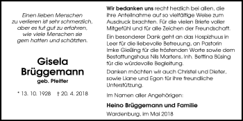 Traueranzeige von Gisela Brüggemann von Nordwest-Zeitung