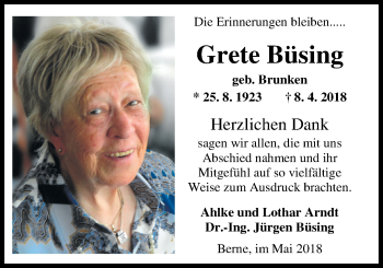 Traueranzeige von Grete Büsing von Nordwest-Zeitung
