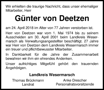 Traueranzeige von Günter von Deetzen von Nordwest-Zeitung