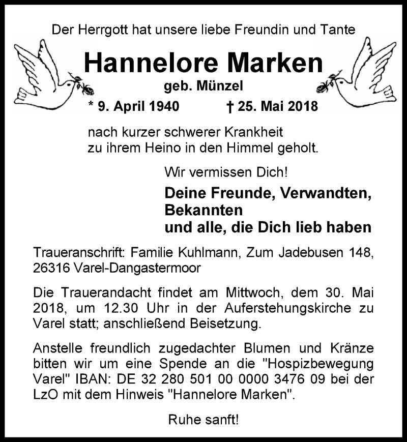  Traueranzeige für Hannelore Marken vom 28.05.2018 aus Nordwest-Zeitung