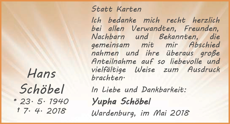  Traueranzeige für Hans Schöbel vom 05.05.2018 aus Nordwest-Zeitung