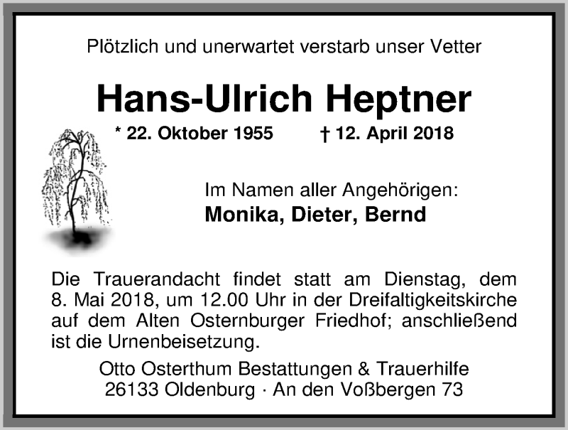  Traueranzeige für Hans-Ulrich Heptner vom 04.05.2018 aus Nordwest-Zeitung