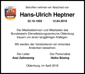 Traueranzeige von Hans-Ulrich Heptner von Nordwest-Zeitung
