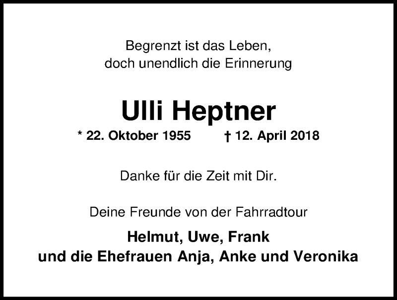 Traueranzeige für Hans-Ulrich Heptner vom 04.05.2018 aus Nordwest-Zeitung
