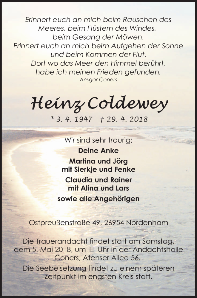  Traueranzeige für Heinz Coldewey vom 02.05.2018 aus Nordwest-Zeitung