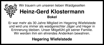Traueranzeige von Heinz-Gerd Klostermann von Nordwest-Zeitung