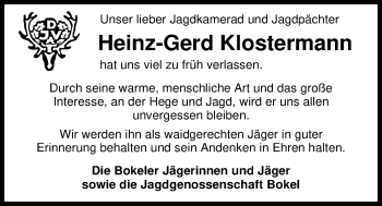 Traueranzeige von Heinz-Gerd Klostermann von Nordwest-Zeitung
