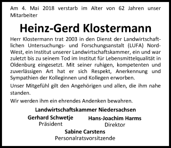 Traueranzeige von Heinz-Gerd Klostermann von Nordwest-Zeitung