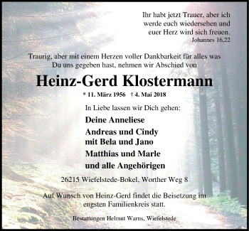 Traueranzeige von Heinz-Gerd Klostermann von Nordwest-Zeitung