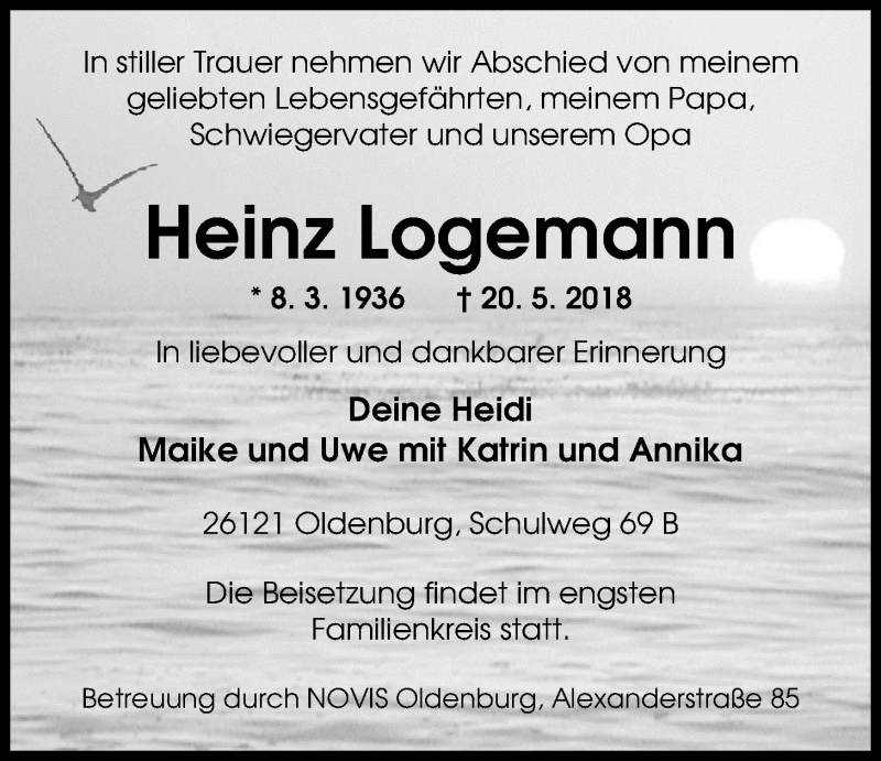  Traueranzeige für Heinz Logemann vom 26.05.2018 aus Nordwest-Zeitung