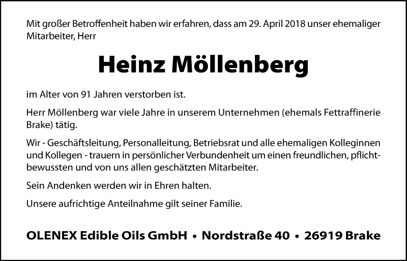  Traueranzeige für Heinz Möllenberg vom 05.05.2018 aus Nordwest-Zeitung