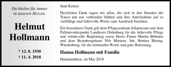 Traueranzeige von Helmut Hollmann von Nordwest-Zeitung