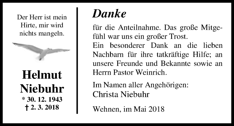  Traueranzeige für Helmut Niebuhr vom 23.05.2018 aus Nordwest-Zeitung