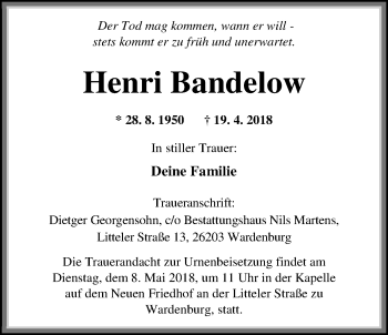 Traueranzeige von Henri Bandelow von Nordwest-Zeitung
