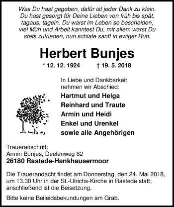 Traueranzeige von Herbert Bunjes von Nordwest-Zeitung
