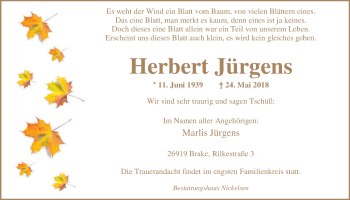 Traueranzeige von Herbert Jürgens von Nordwest-Zeitung