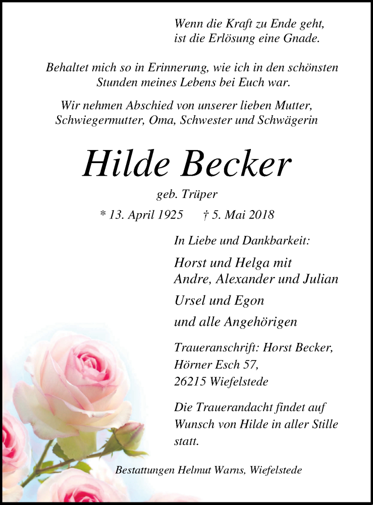  Traueranzeige für Hilde Becker vom 08.05.2018 aus Nordwest-Zeitung