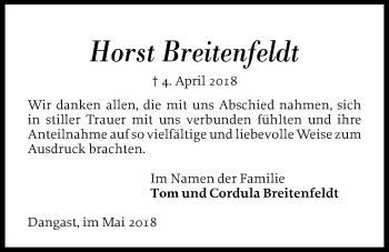 Traueranzeige von Horst Breitenfeldt von Nordwest-Zeitung