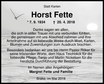 Traueranzeige von Horst Fette von Nordwest-Zeitung