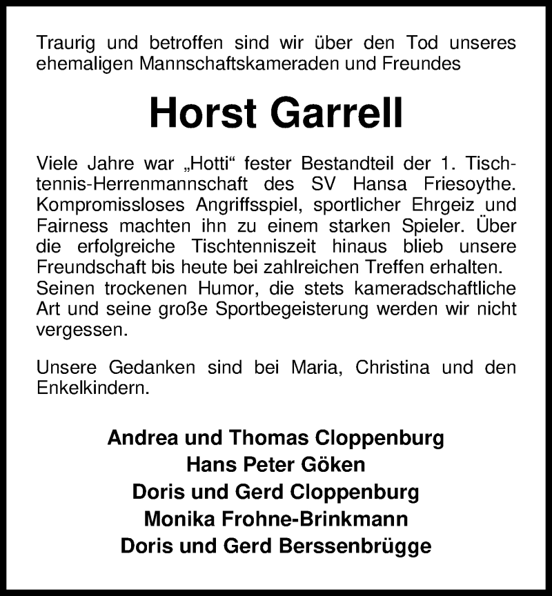  Traueranzeige für Horst Garrell vom 11.05.2018 aus Nordwest-Zeitung