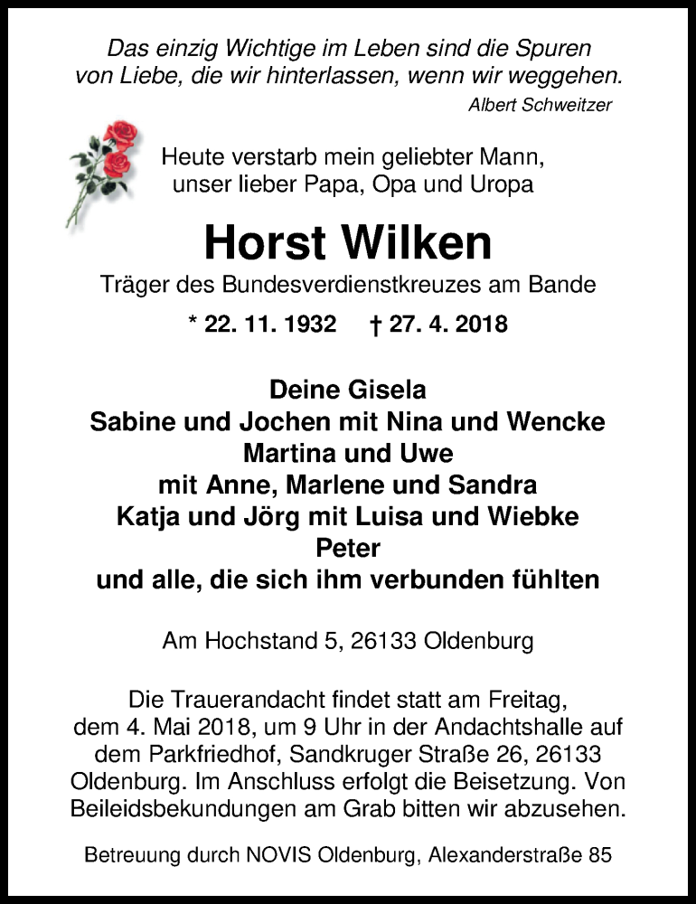  Traueranzeige für Horst Wilken vom 02.05.2018 aus Nordwest-Zeitung