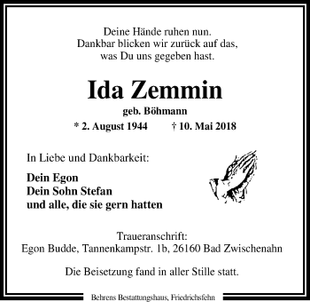 Traueranzeige von Ida Zemmin von Nordwest-Zeitung