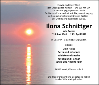 Traueranzeige von Ilona Schnittger von Nordwest-Zeitung