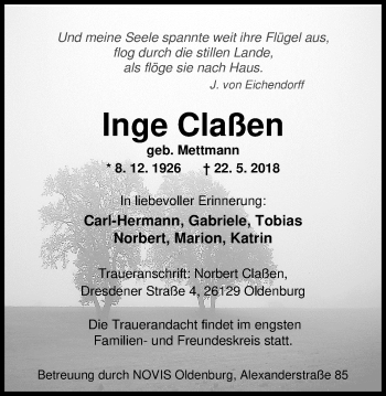 Traueranzeige von Inge Claßen von Nordwest-Zeitung