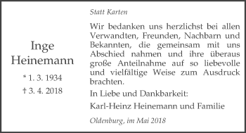 Traueranzeige von Inge Heinemann von Nordwest-Zeitung