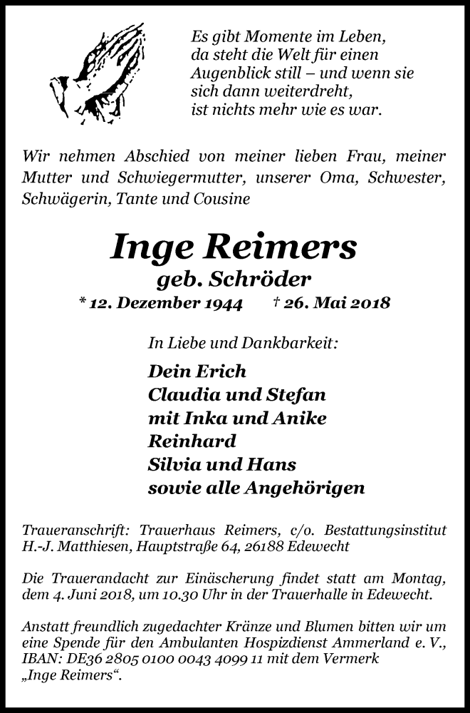  Traueranzeige für Inge Reimers vom 31.05.2018 aus Nordwest-Zeitung