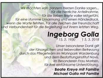 Traueranzeige von Ingeborg Golla von Nordwest-Zeitung