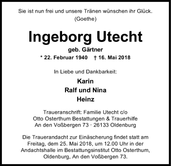 Traueranzeige von Ingeborg Utecht von Nordwest-Zeitung