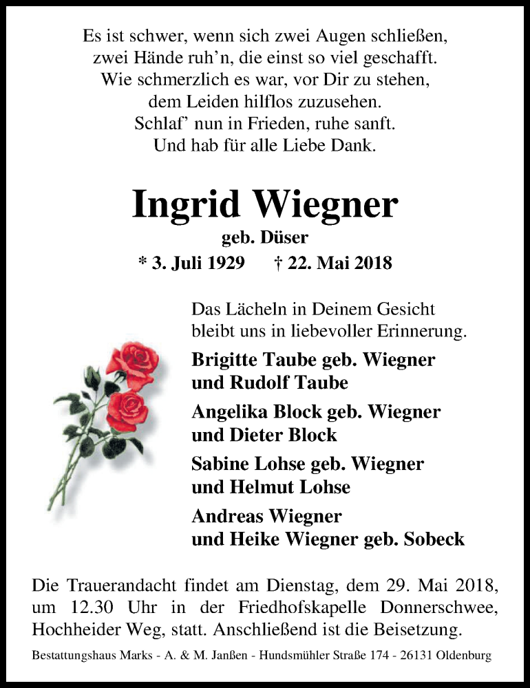  Traueranzeige für Ingrid Wiegner vom 24.05.2018 aus Nordwest-Zeitung