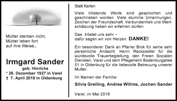 Traueranzeige von Irmgard Sander von Nordwest-Zeitung