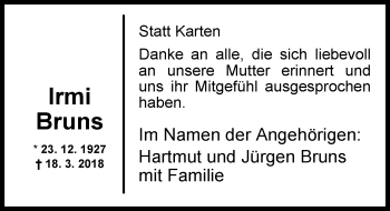 Traueranzeige von Irmi Bruns von Nordwest-Zeitung