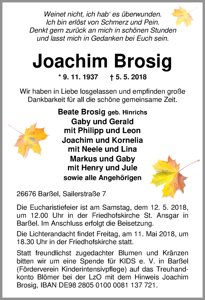  Traueranzeige für Joachim Brosig vom 08.05.2018 aus Nordwest-Zeitung