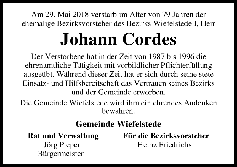  Traueranzeige für Johann Cordes vom 31.05.2018 aus Nordwest-Zeitung