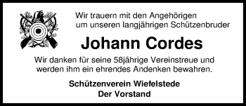 Traueranzeige von Johann Cordes von Nordwest-Zeitung