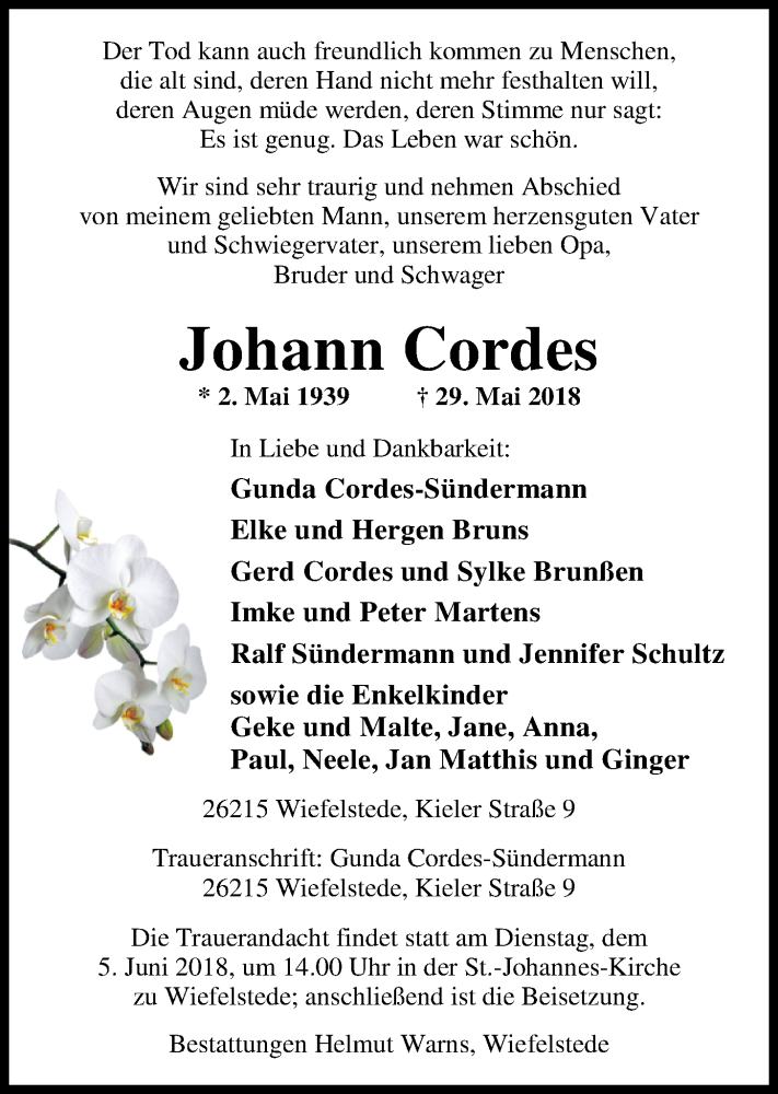  Traueranzeige für Johann Cordes vom 31.05.2018 aus Nordwest-Zeitung
