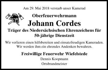 Traueranzeige von Johann Cordes von Nordwest-Zeitung