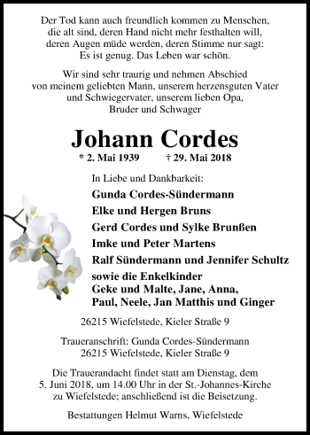 Traueranzeige von Johann Cordes von Nordwest-Zeitung